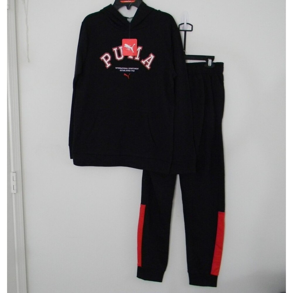 Puma Black Red 2 Piece Set Cotton Flece Pullover Hoodie & Jogger Set NWT